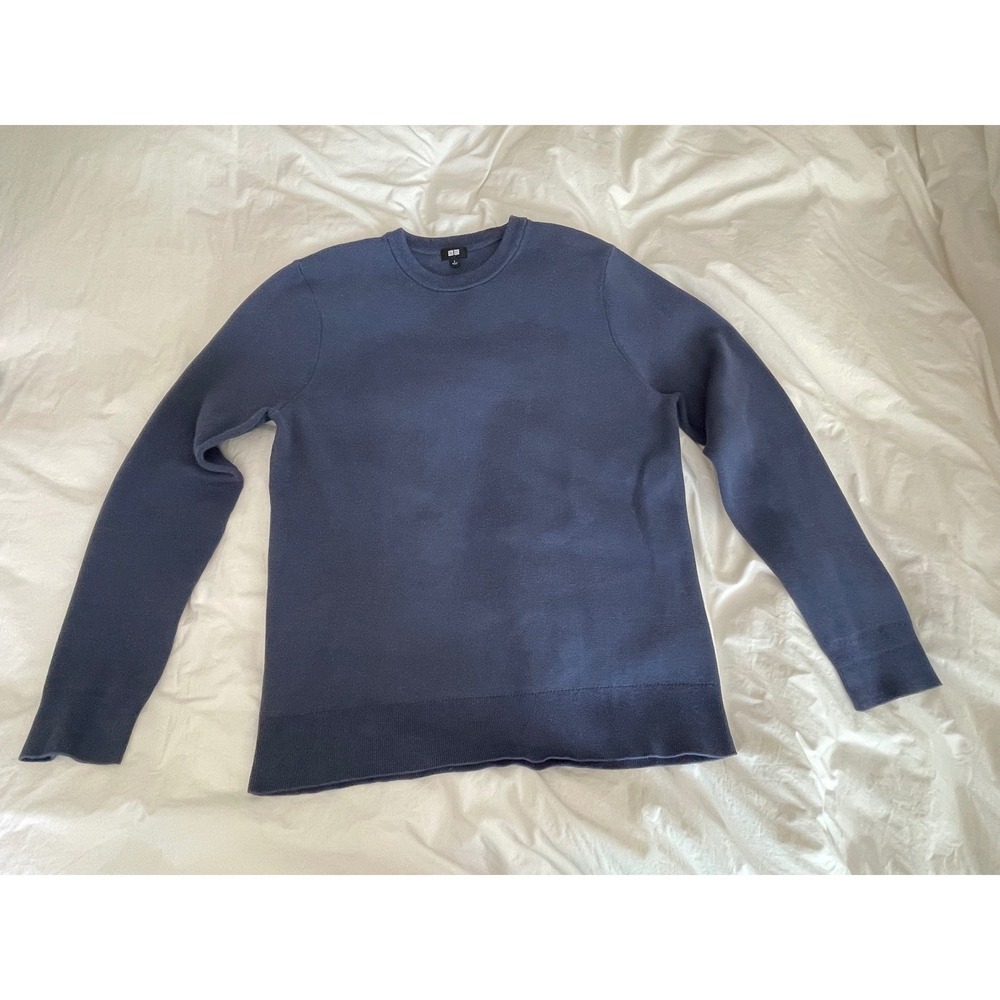 Uniqlo Crewneck Sweater Cotton Blend Knit Minimalist Pullover Blue Slate-Large